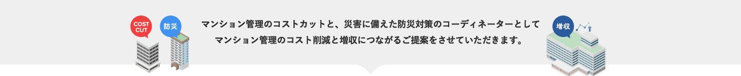 マンション管理のコストカットと、災害に備えた防災対策のコーディネーターとしてマンション管理のコスト削減と増収につながるご提案をさせていただきます。